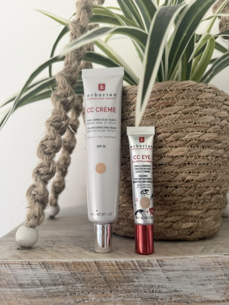 Erborian CC cream, Eye cream styled beside house plant